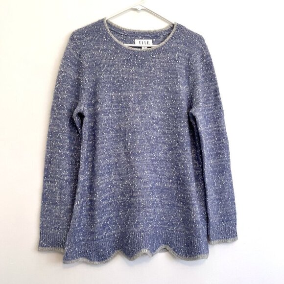 ELLE Scallop Hem Sweater Periwinkle Blue Purple Silver Metallic Crew Neck Preppy - Picture 2 of 15